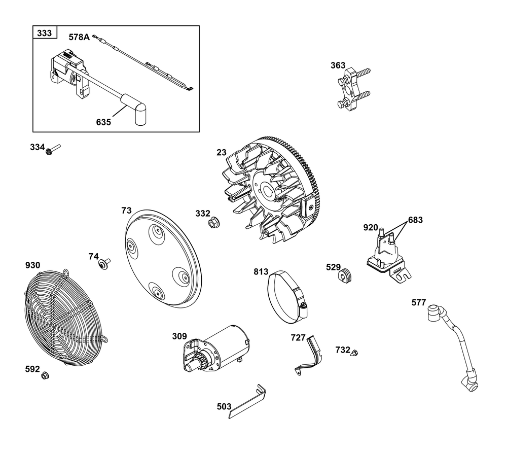 Flywheel, Ignition, And Starter Group Diagram and Parts List for 305447-0335-F1 200000 - 399999 Briggs and Stratton Engine